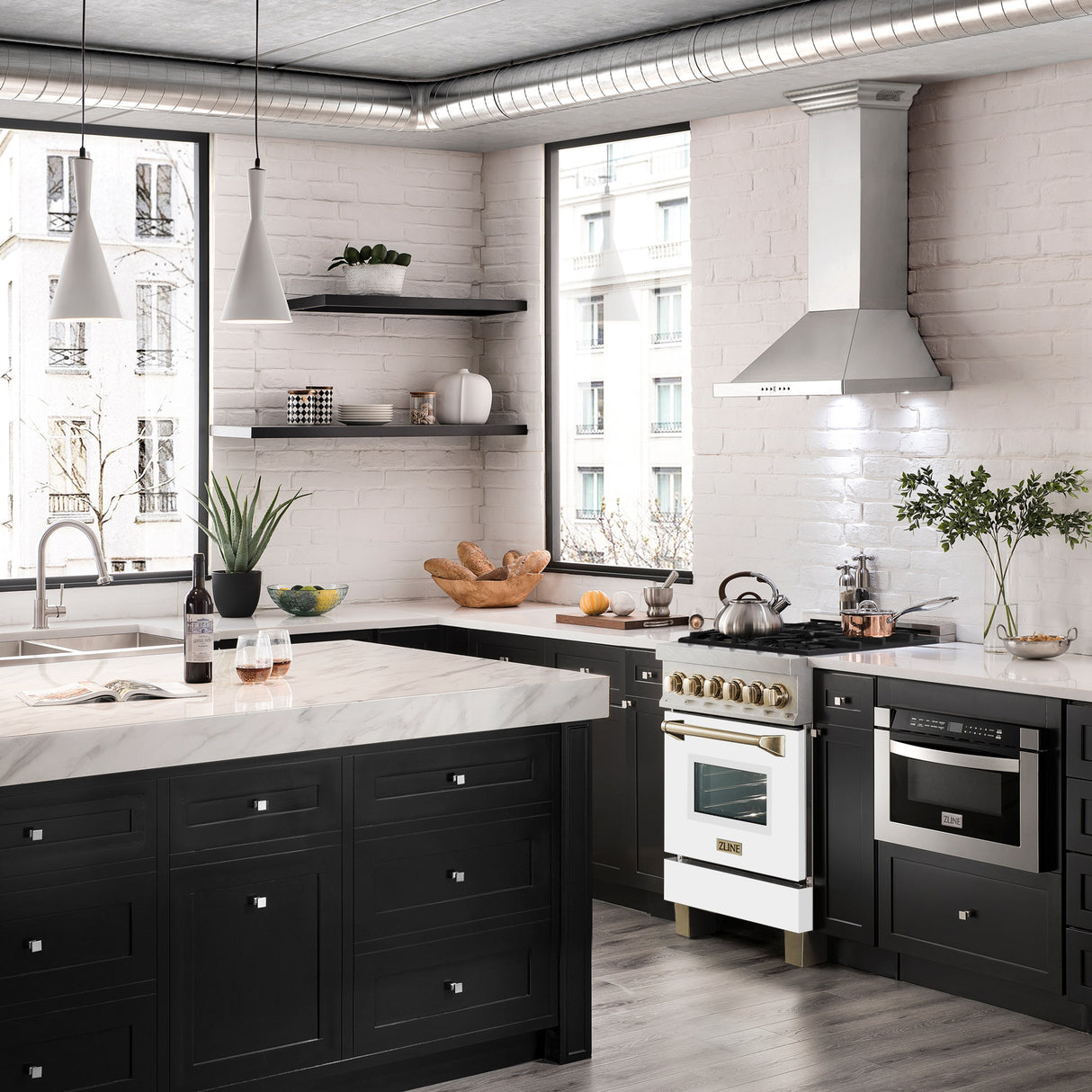 ZLINE Autograph Edition 24 in. 2.8 cu. ft. Legacy Dual Fuel Range with 4 Burner Gas Cooktop and Electric Convection Oven in Satin Stainless Steel with White Matte Door and Polished Gold Accents (RASZ-WM-24-G)