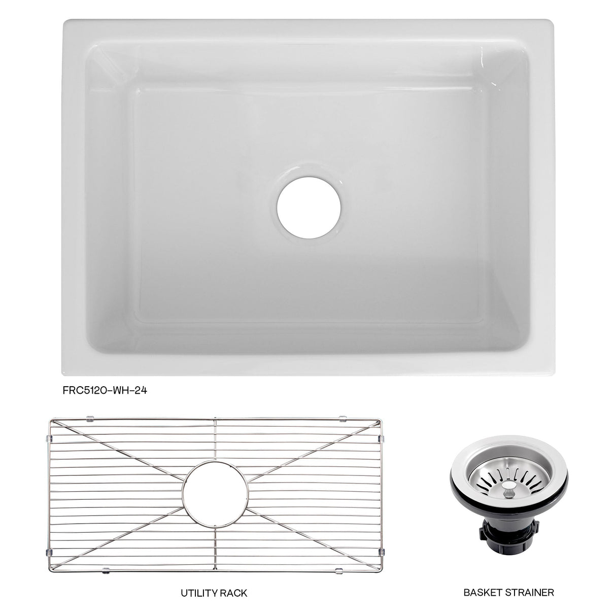 ZLINE 24 in. Venice Farmhouse Apron Front Reversible Single Bowl Fireclay Kitchen Sink with Bottom Grid in White Gloss (FRC5120-WH-24)
