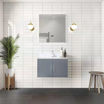 Geneva 30 In. Floating / Wall Mounted Dark Grey Bathroom Vanity With Undermount Ceramic Sink, White Carrara Marble Top & 30 In. LED Mirror