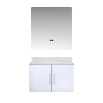 Geneva 30 In. Floating / Wall Mounted Glossy White Bathroom Vanity With Undermount Ceramic Sink, White Carrara Marble Top & 30 In. LED Mirror