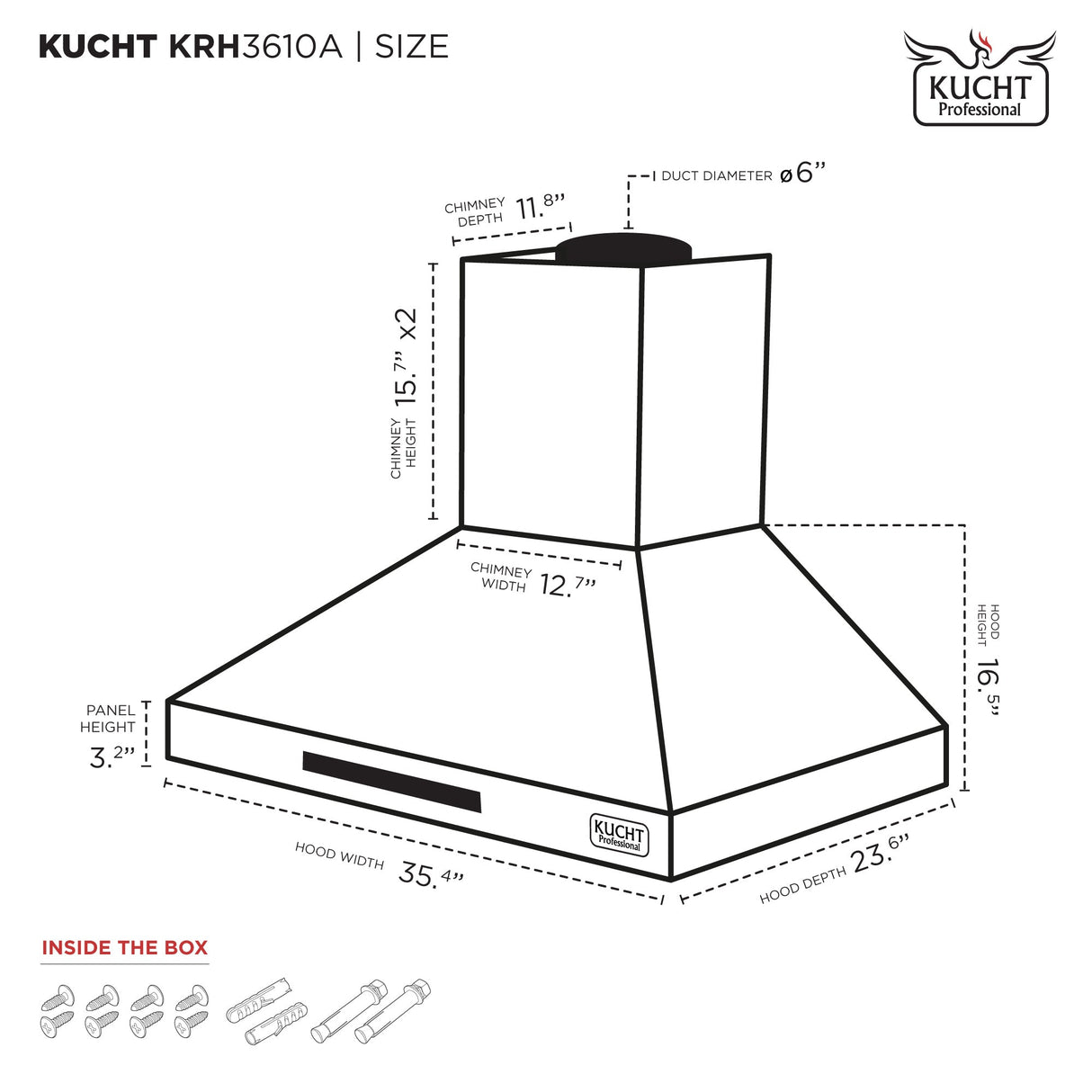 KUCHT 36 in. Professional Wall Mounted Range Hood 900CFM in Stainless Steel KRH 10A