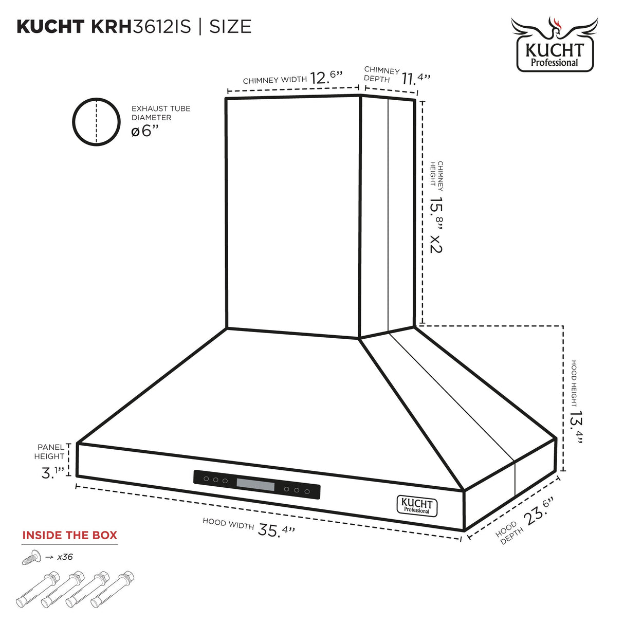KUCHT 36 in. Professional Island Mounted Range Hood 900CFM in Stainless Steel