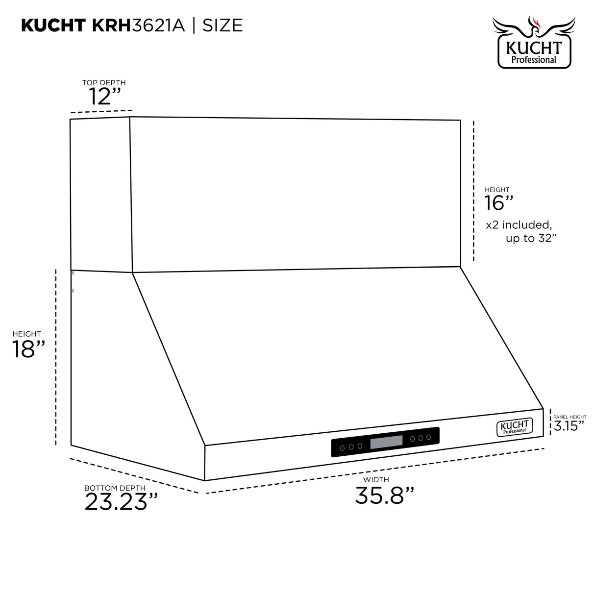 KUCHT 36 in. Professional Wall Mounted Range Hood 900CFM in Stainless Steel