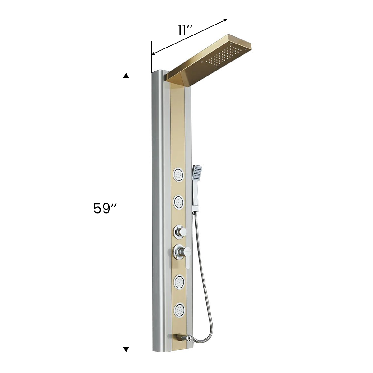 55 in. 4-Jet Stainless Steel Brushed Gold Shower Panel System w/ Fixed Rainfall Shower Head, Tub Spout & Handheld Shower, Jet Massage