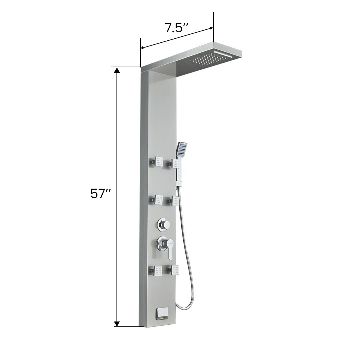 53 in. 6-Jet Stainless Steel Shower Panel System w/ Fixed Rainfall & Waterfall Shower Head, Tub Spout & Handheld, Jet Massage Feature