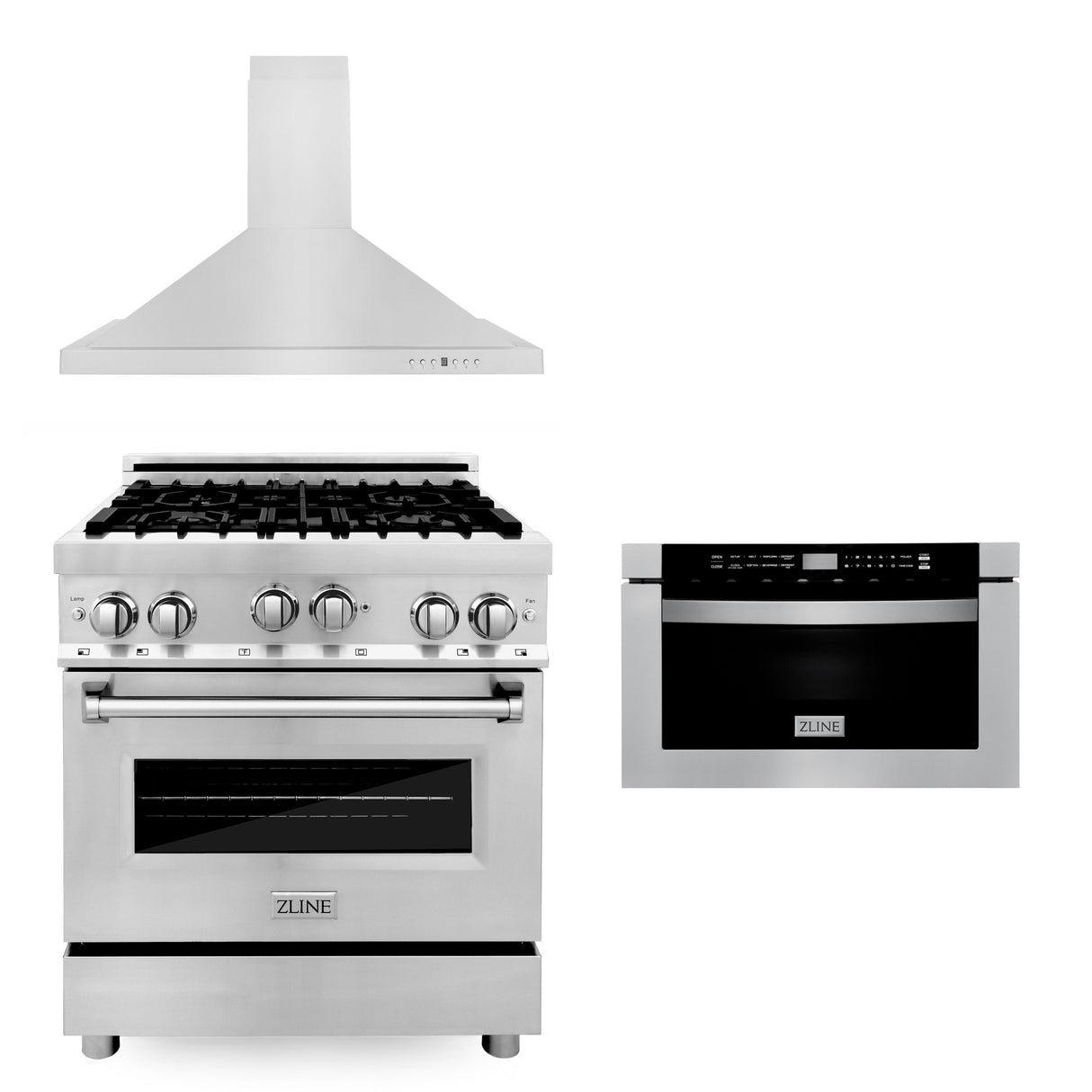 ZLINE 30 in. Kitchen Package with Stainless Steel Gas Range, Convertible Vent Range Hood and Microwave Drawer (3KP-RGRH30-MW)