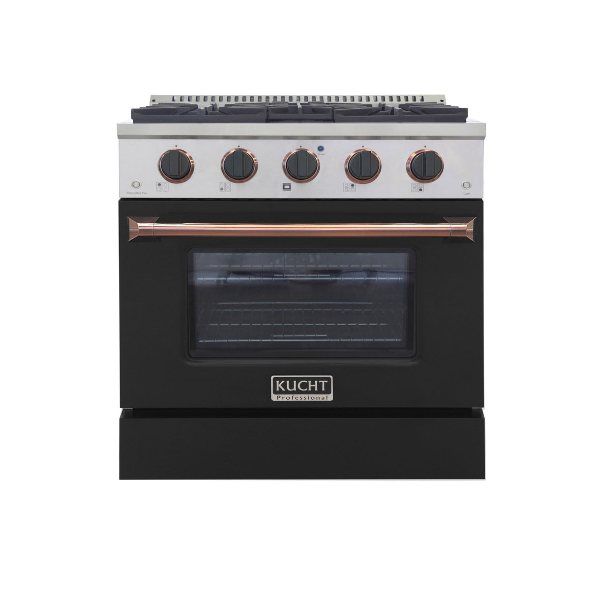 KUCHT Professional 30 in. 4.2 cu. ft. Dual Fuel Range for Propane Gas with Sealed Burners and Convection Oven in Stainless Steel with Black Oven Door Black Knobs and Gold Knob Rings