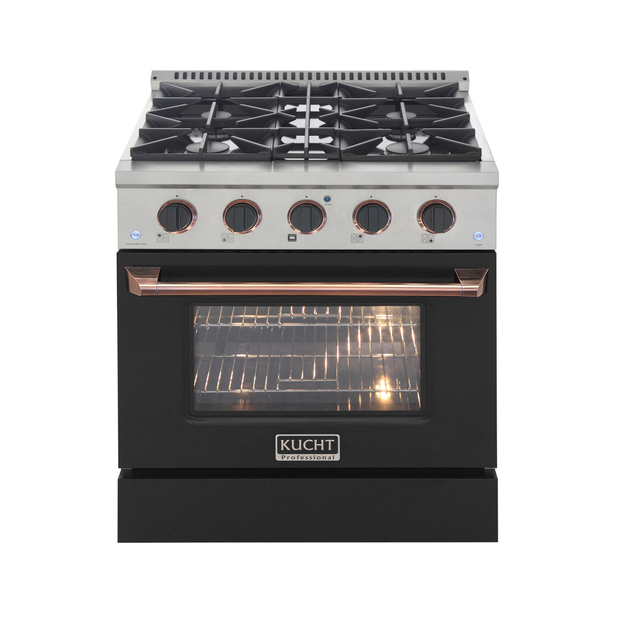 KUCHT Professional 30 in. 4.2 cu. ft. Dual Fuel Range for Natural Gas with Sealed Burners and Convection Oven in Stainless Steel with Black Oven Door Black Knobs and Gold Ring Knobs