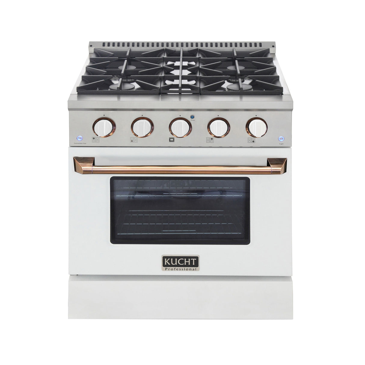 KUCHT Professional 30 in. 4.2 cu. ft. Dual Fuel Range for Propane Gas with Sealed Burners and Convection Oven in Stainless Steel with White Oven Door White Knobs and Gold Knob Rings