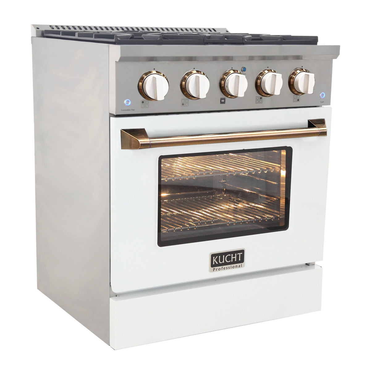 KUCHT Professional 30 in. 4.2 cu. ft. Dual Fuel Range for Natural Gas with Sealed Burners and Convection Oven in Stainless Steel with White Oven Door White Knobs and Ring Knobs