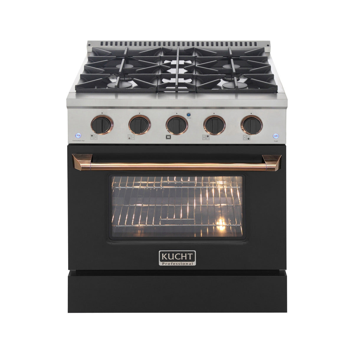 KUCHT Professional 30 in. 4.2 cu. ft.¨Propane Gas Range with Sealed Burners and Convection Oven in Stainless Steel with Black Oven Door, Black Knobs and Knob Rings