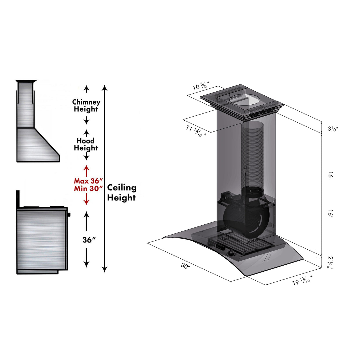 ZLINE 30" Convertible Vent Wall Mount Range Hood in Stainless Steel & Glass with Crown Molding (KZCRN-30)