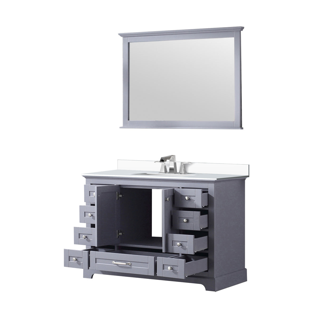 Dukes 48" Dark Grey Single Vanity, White Quartz Top, White Square Sink and 46" Mirror w/ Faucet