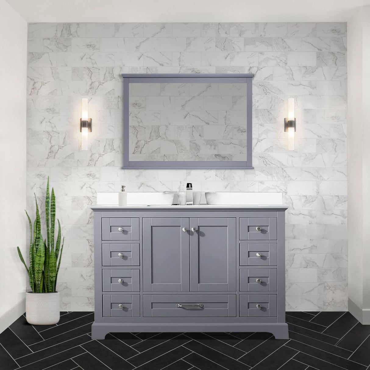 Dukes 48" Dark Grey Single Vanity, White Quartz Top, White Square Sink and 46" Mirror