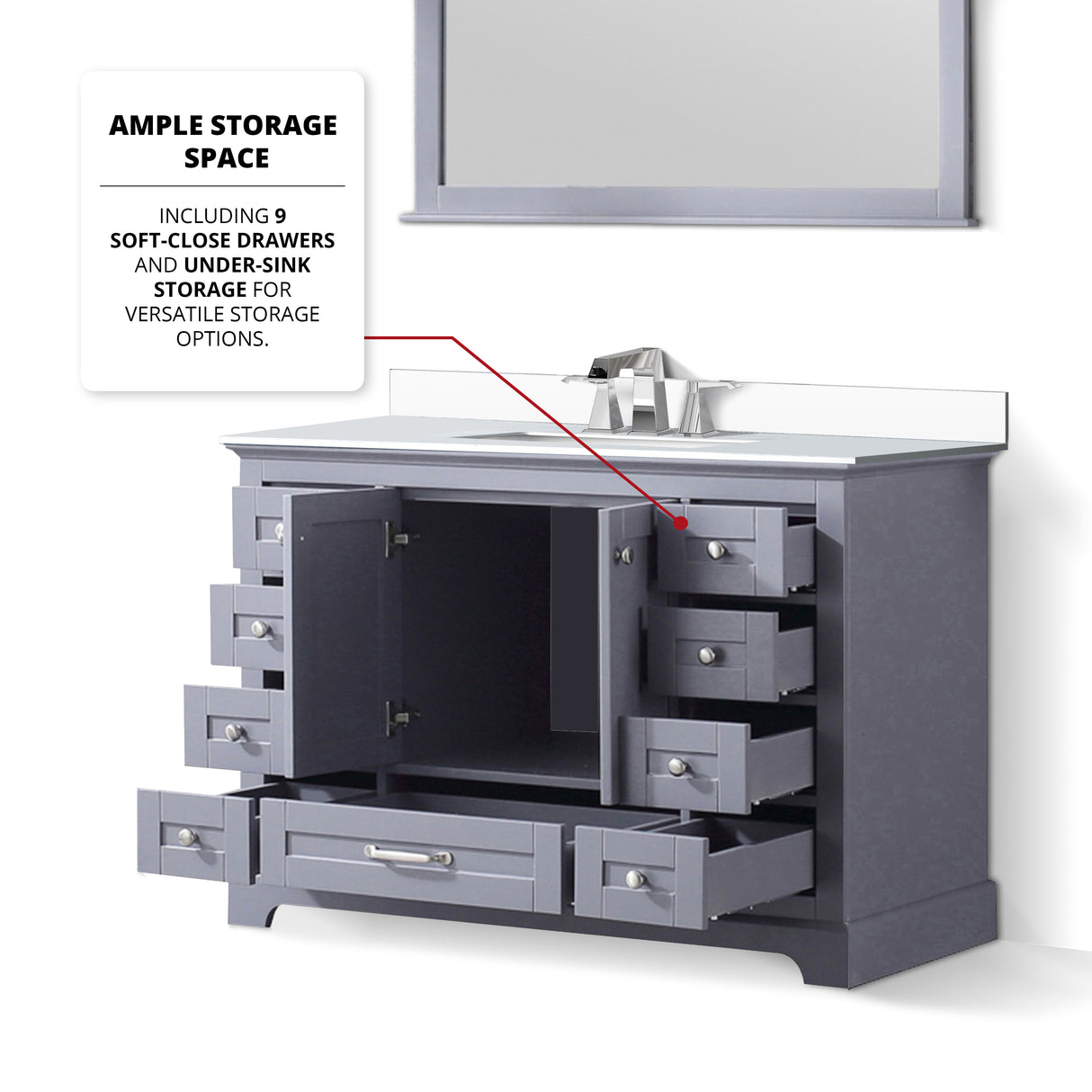 Dukes 48" Dark Grey Single Vanity, White Quartz Top, White Square Sink and 46" Mirror