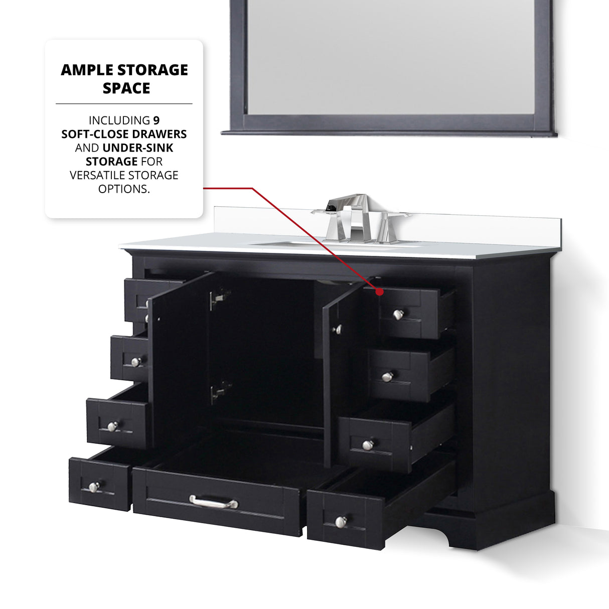 Dukes 48" Espresso Single Vanity, White Quartz Top, White Square Sink and 46" Mirror