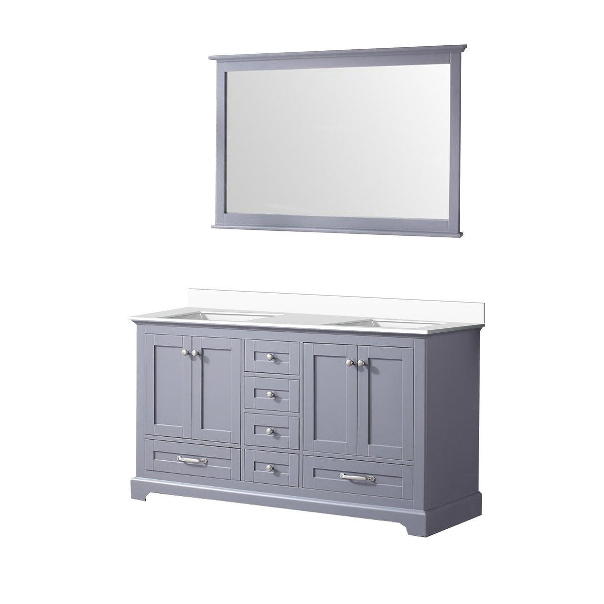 Dukes 60" Dark Grey Double Vanity, White Quartz Top, White Square Sinks and 58" Mirror