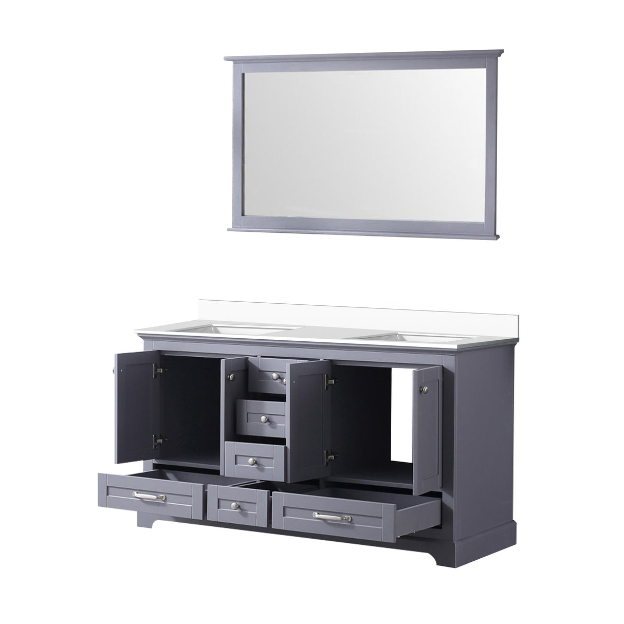 Dukes 60" Dark Grey Double Vanity, White Quartz Top, White Square Sinks and 58" Mirror