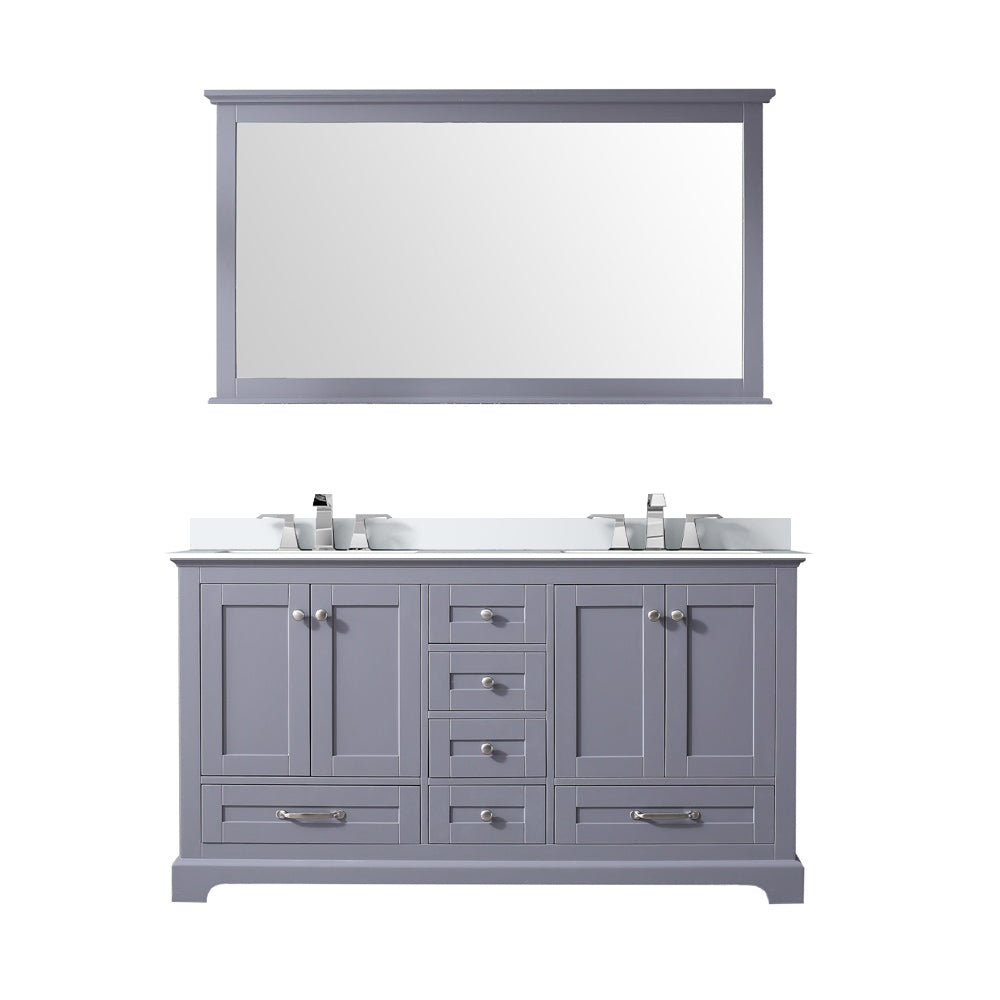 Dukes 60" Dark Grey Double Vanity, White Quartz Top, White Square Sinks and 58" Mirror w/ Faucets