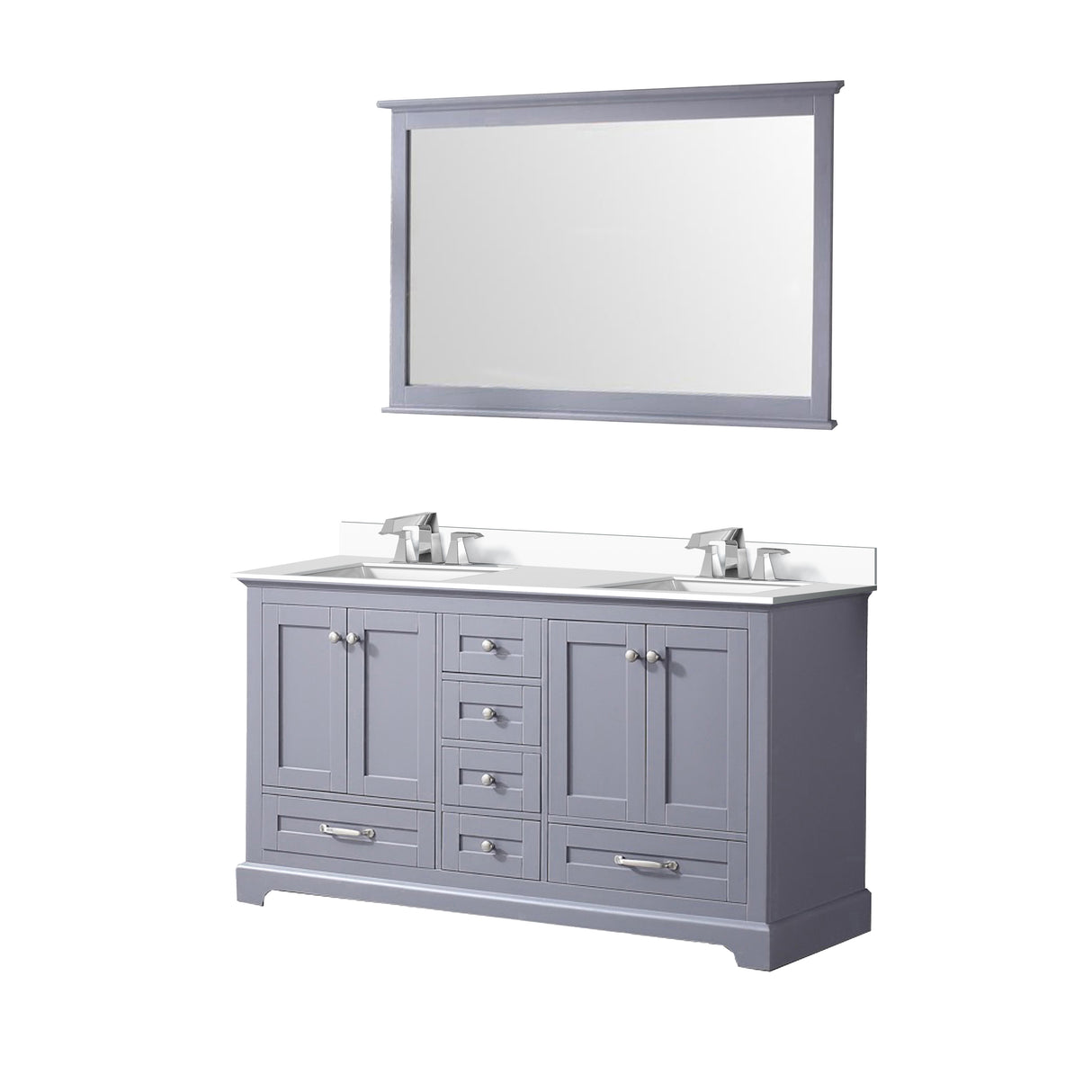 Dukes 60" Dark Grey Double Vanity, White Quartz Top, White Square Sinks and 58" Mirror w/ Faucets