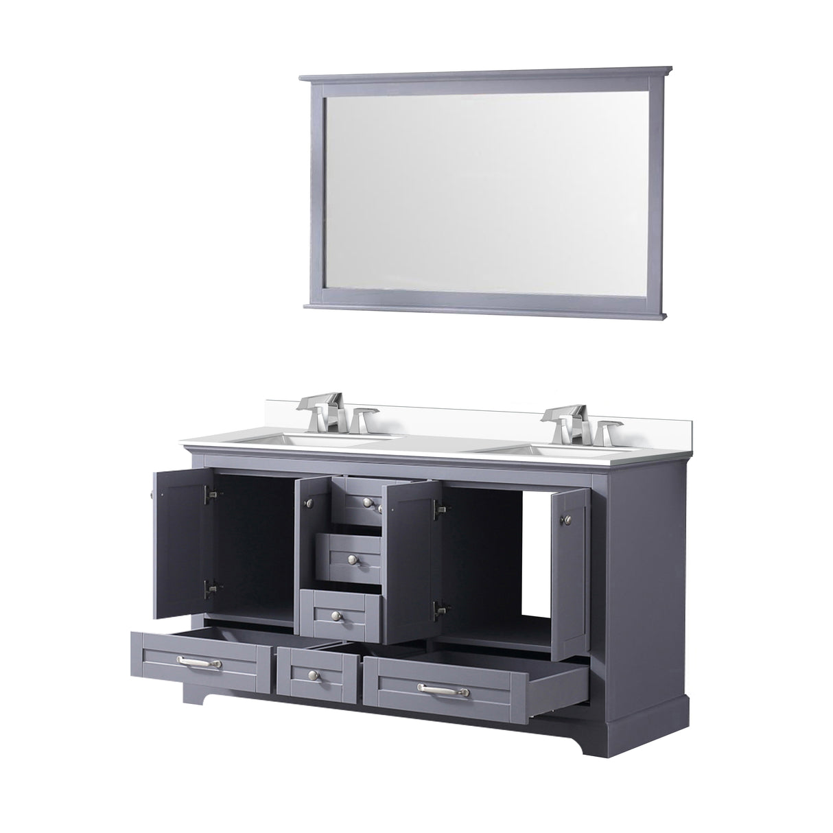 Dukes 60" Dark Grey Double Vanity, White Quartz Top, White Square Sinks and 58" Mirror w/ Faucets