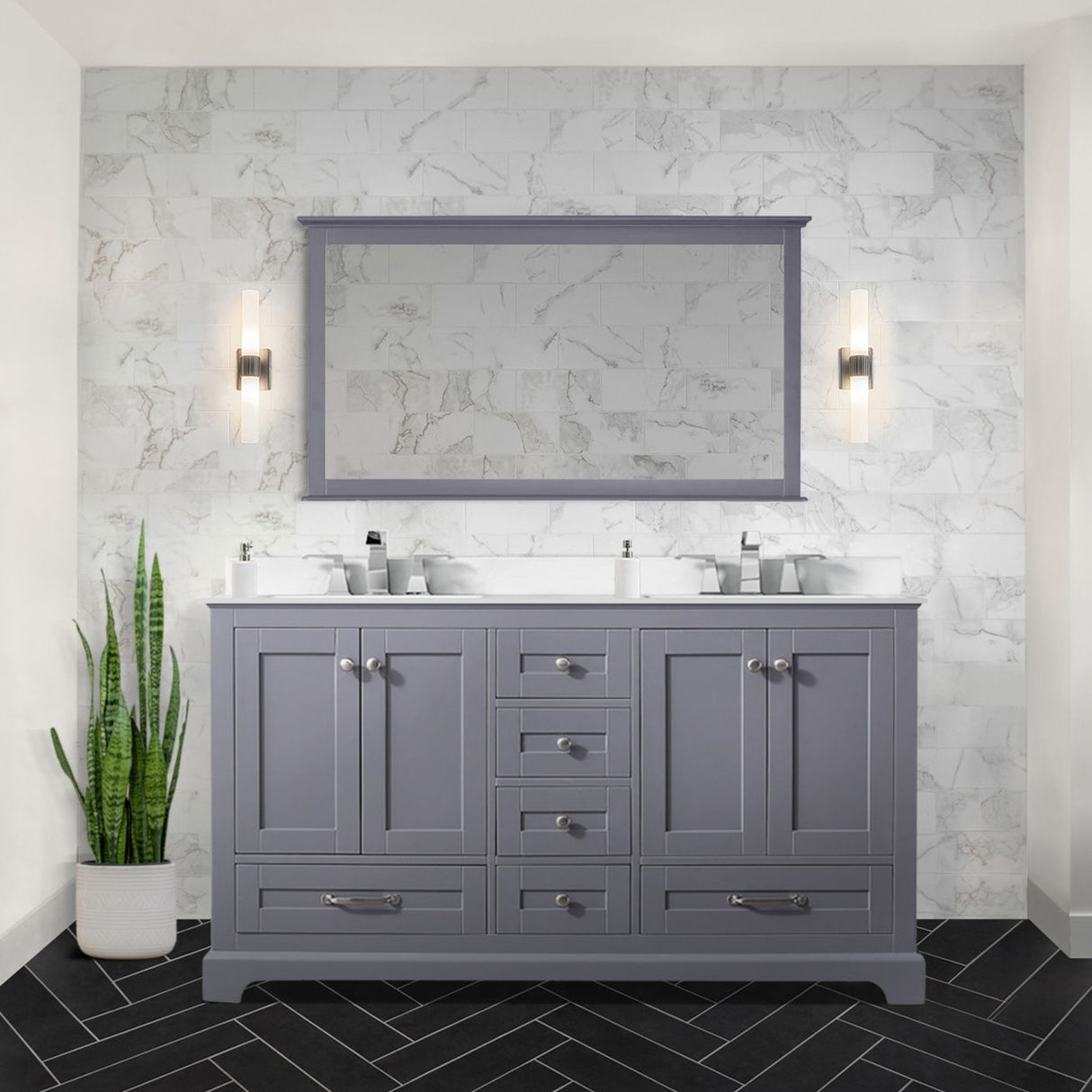 Dukes 60" Dark Grey Double Vanity, White Quartz Top, White Square Sinks and 58" Mirror w/ Faucets