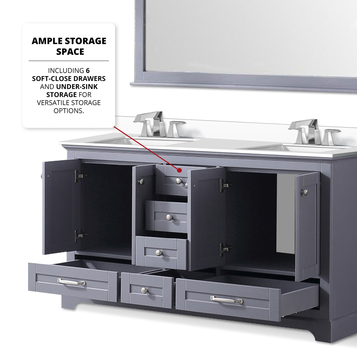 Dukes 60" Dark Grey Double Vanity, White Quartz Top, White Square Sinks and 58" Mirror