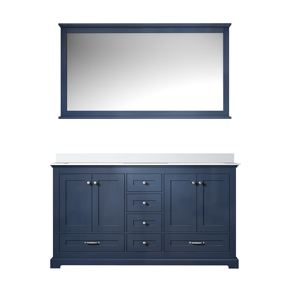 Dukes 60" Navy Blue Double Vanity, White Quartz Top, White Square Sinks and 58" Mirror