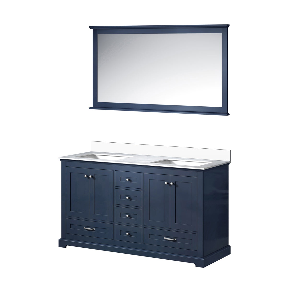 Dukes 60" Navy Blue Double Vanity, White Quartz Top, White Square Sinks and 58" Mirror