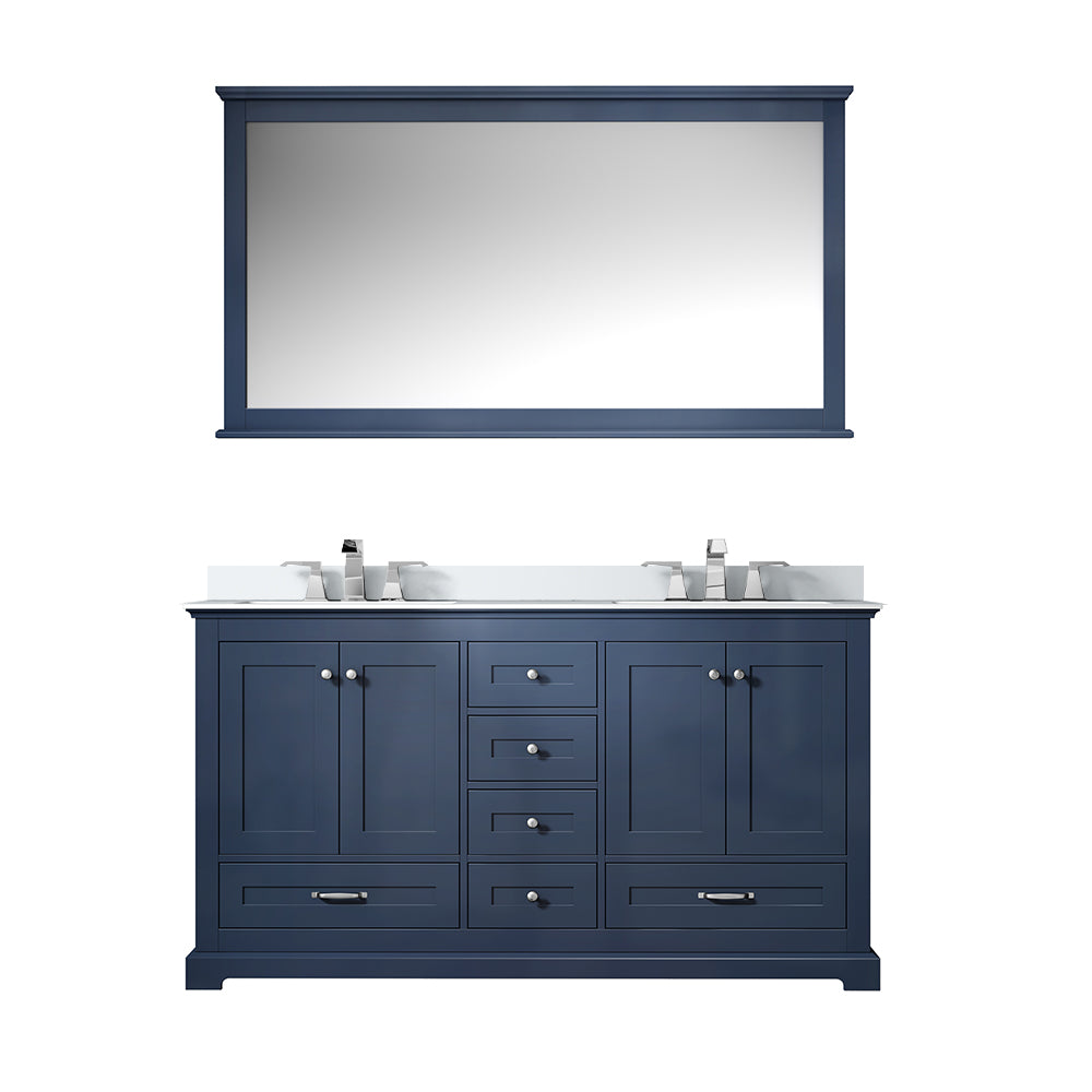 Dukes 60" Navy Blue Double Vanity, White Quartz Top, White Square Sinks and 58" Mirror w/ Faucets
