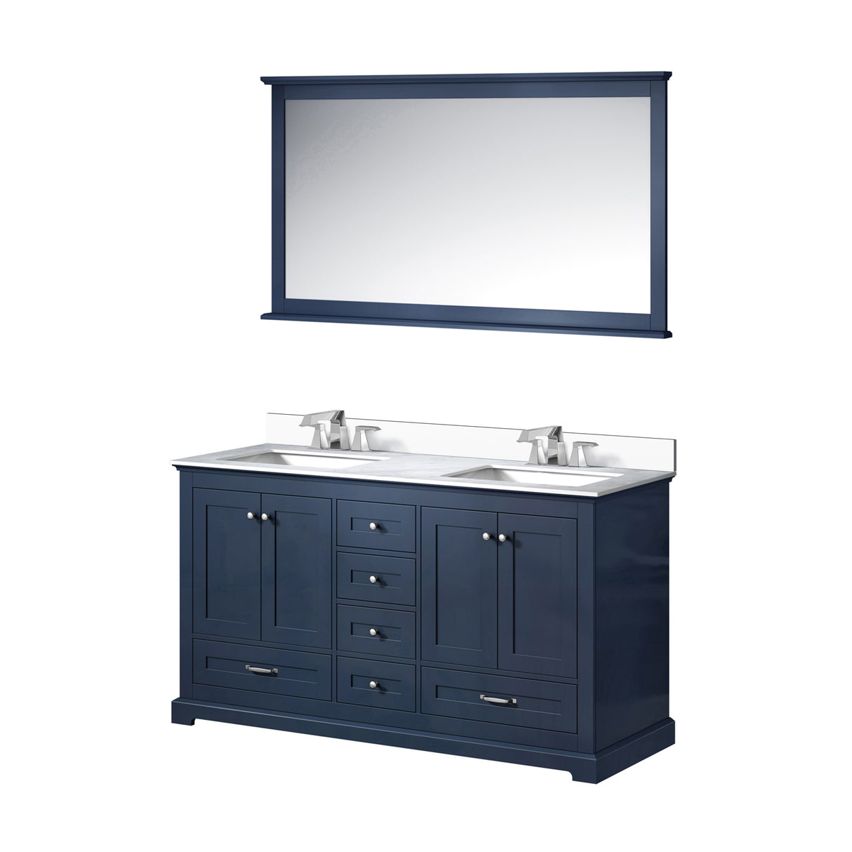 Dukes 60" Navy Blue Double Vanity, White Quartz Top, White Square Sinks and 58" Mirror w/ Faucets