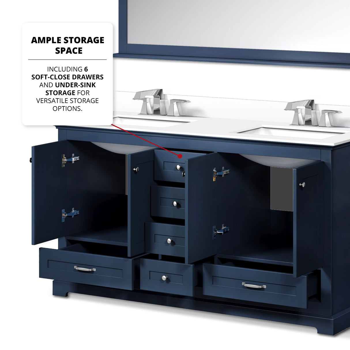 Dukes 60" Navy Blue Double Vanity, White Quartz Top, White Square Sinks and 58" Mirror