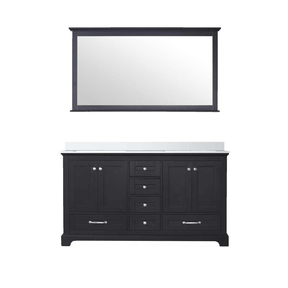 Dukes 60" Espresso Double Vanity, White Quartz Top, White Square Sinks and 58" Mirror