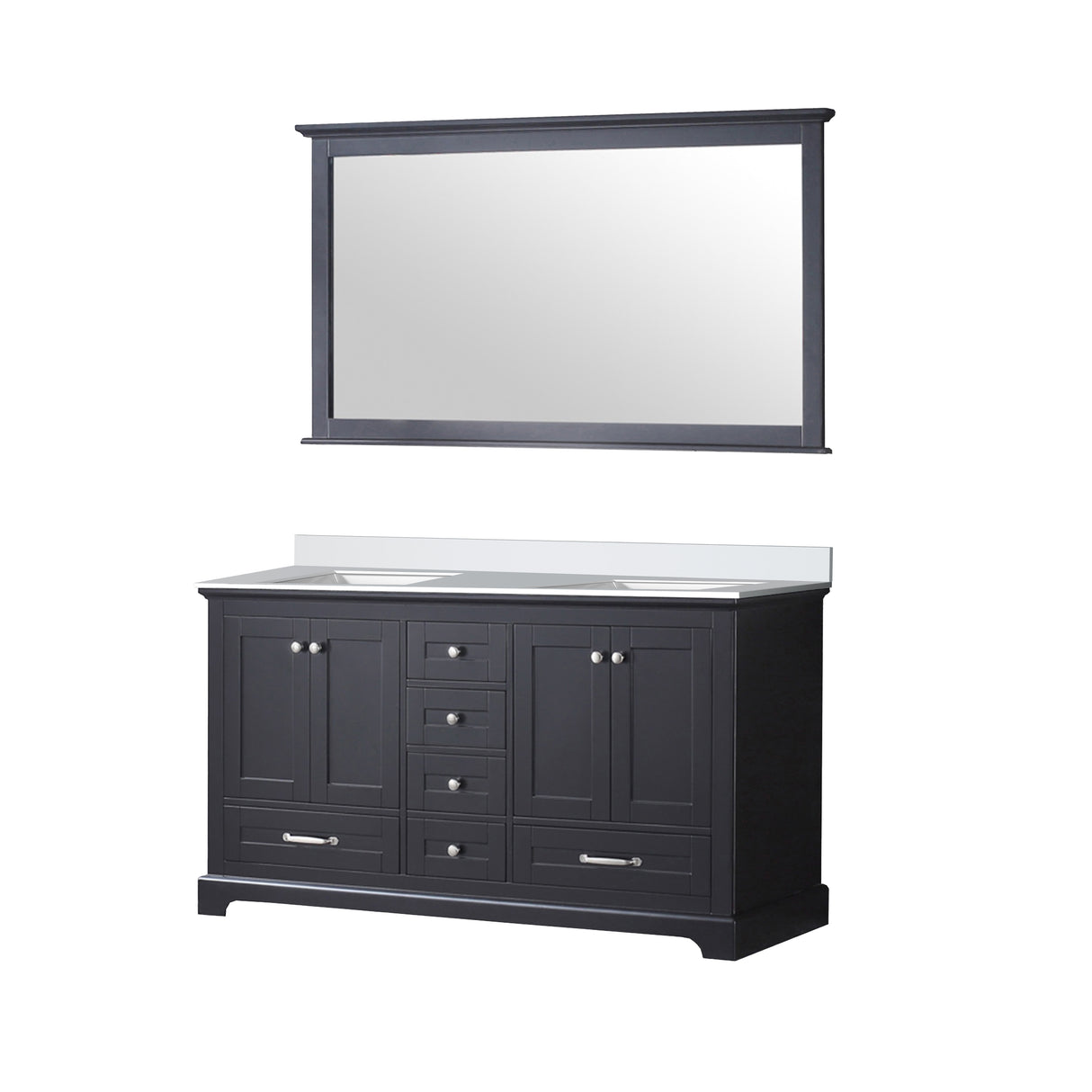 Dukes 60" Espresso Double Vanity, White Quartz Top, White Square Sinks and 58" Mirror