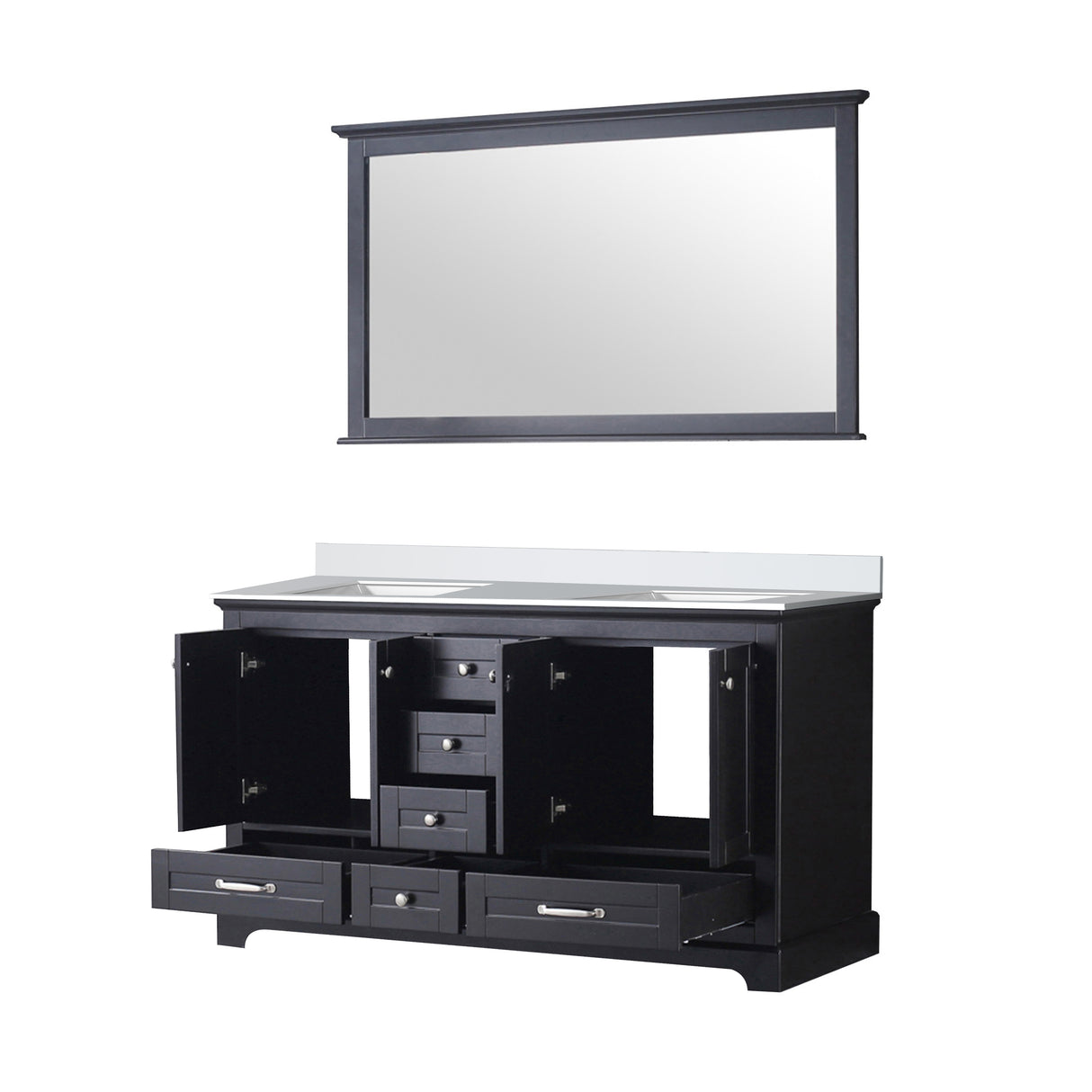 Dukes 60" Espresso Double Vanity, White Quartz Top, White Square Sinks and 58" Mirror