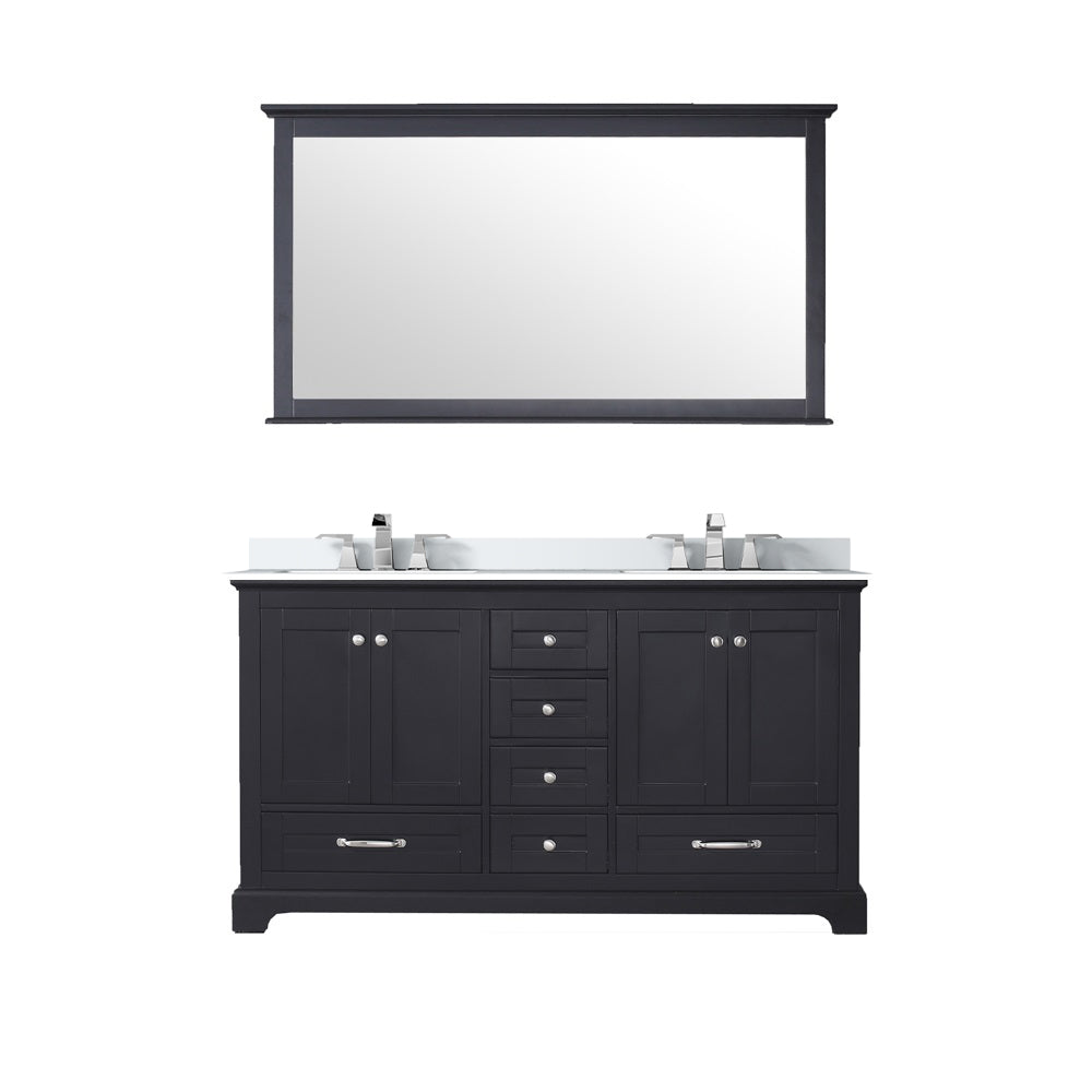Dukes 60" Espresso Double Vanity, White Quartz Top, White Square Sinks and 58" Mirror w/ Faucets