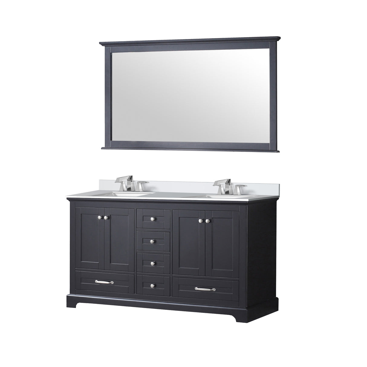 Dukes 60" Espresso Double Vanity, White Quartz Top, White Square Sinks and 58" Mirror w/ Faucets