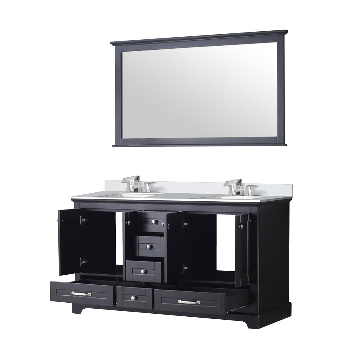 Dukes 60" Espresso Double Vanity, White Quartz Top, White Square Sinks and 58" Mirror w/ Faucets