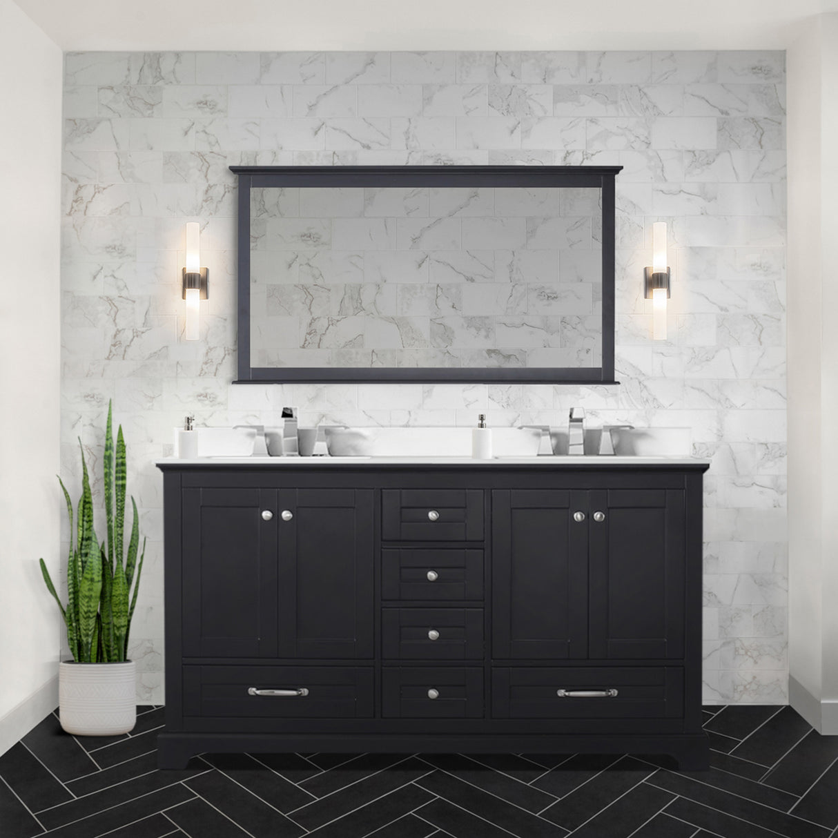 Dukes 60" Espresso Double Vanity, White Quartz Top, White Square Sinks and 58" Mirror