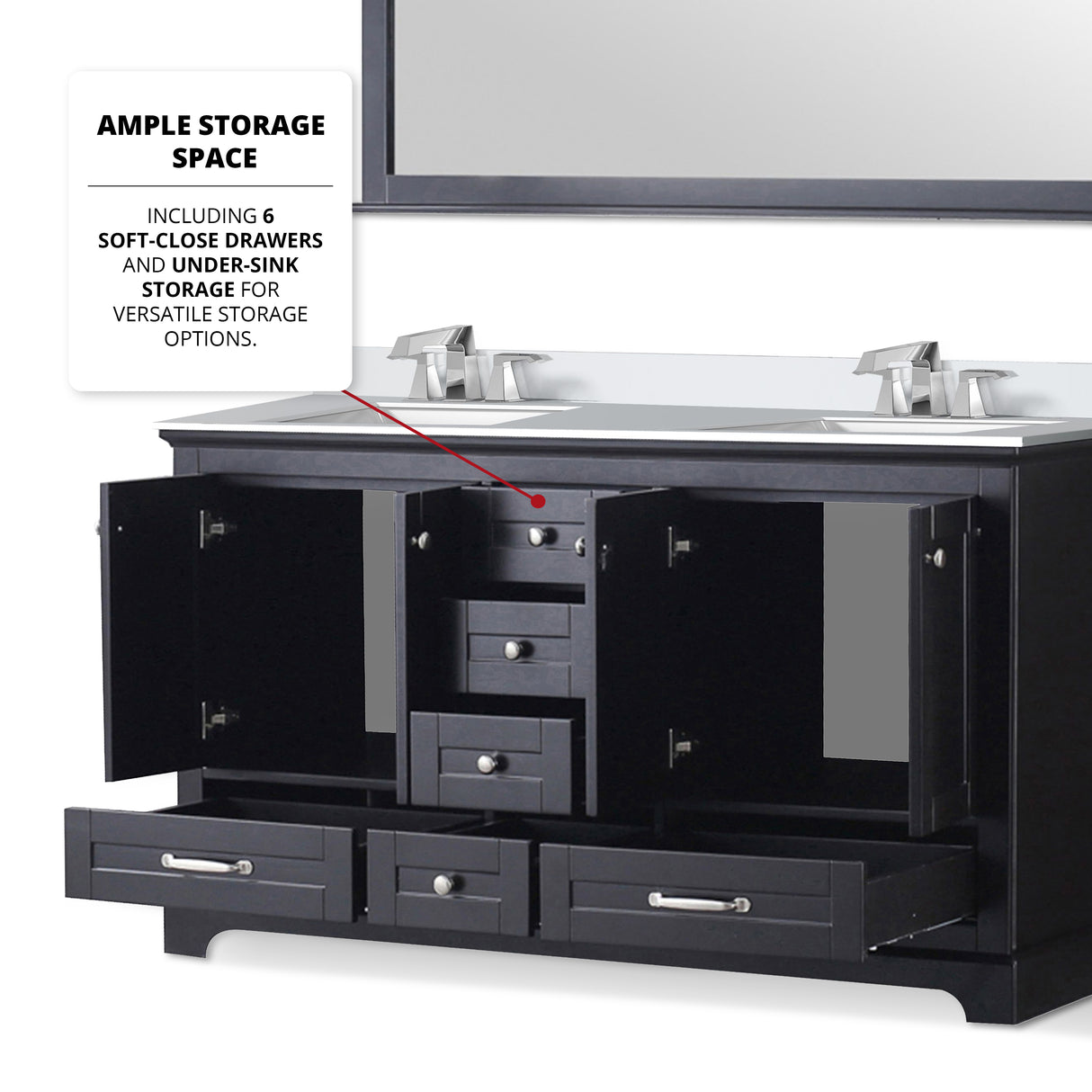 Dukes 60" Espresso Double Vanity, White Quartz Top, White Square Sinks and 58" Mirror