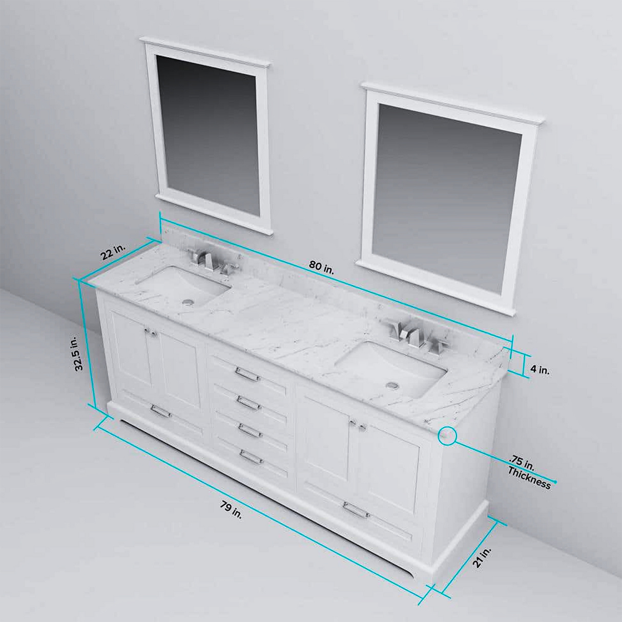 Dukes 80 in. Bathroom Freestanding Bathroom Vanity With Undermount Ceramic Sink with White Carrara Marble Top