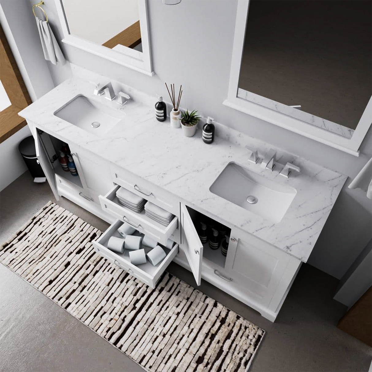 Dukes 80 in. Bathroom Freestanding Bathroom Vanity With Undermount Ceramic Sink with White Carrara Marble Top