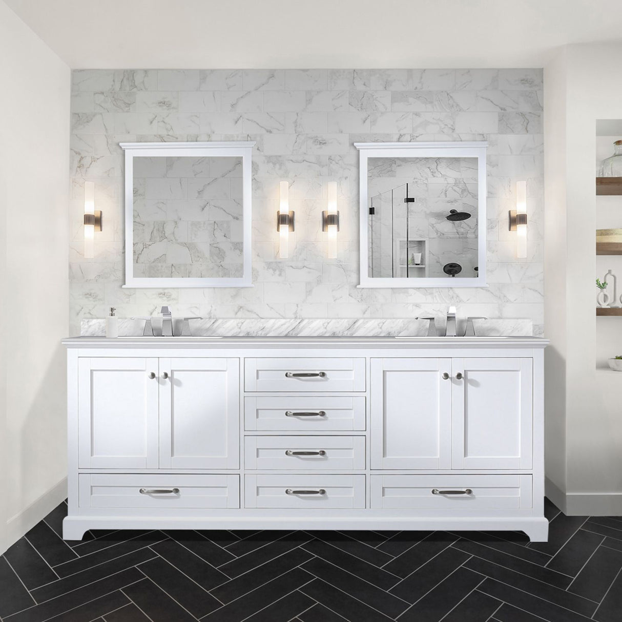 Dukes 80 in. Bathroom Freestanding Bathroom Vanity With Undermount Ceramic Sink with White Carrara Marble Top