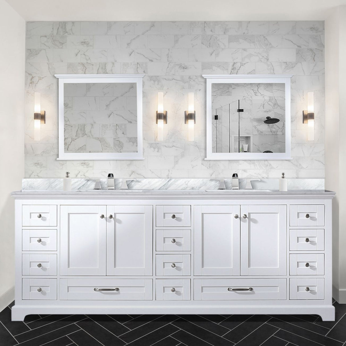 Dukes 84 in. Bathroom Freestanding Bathroom Vanity With Undermount Ceramic Sink with White Carrara Marble Top
