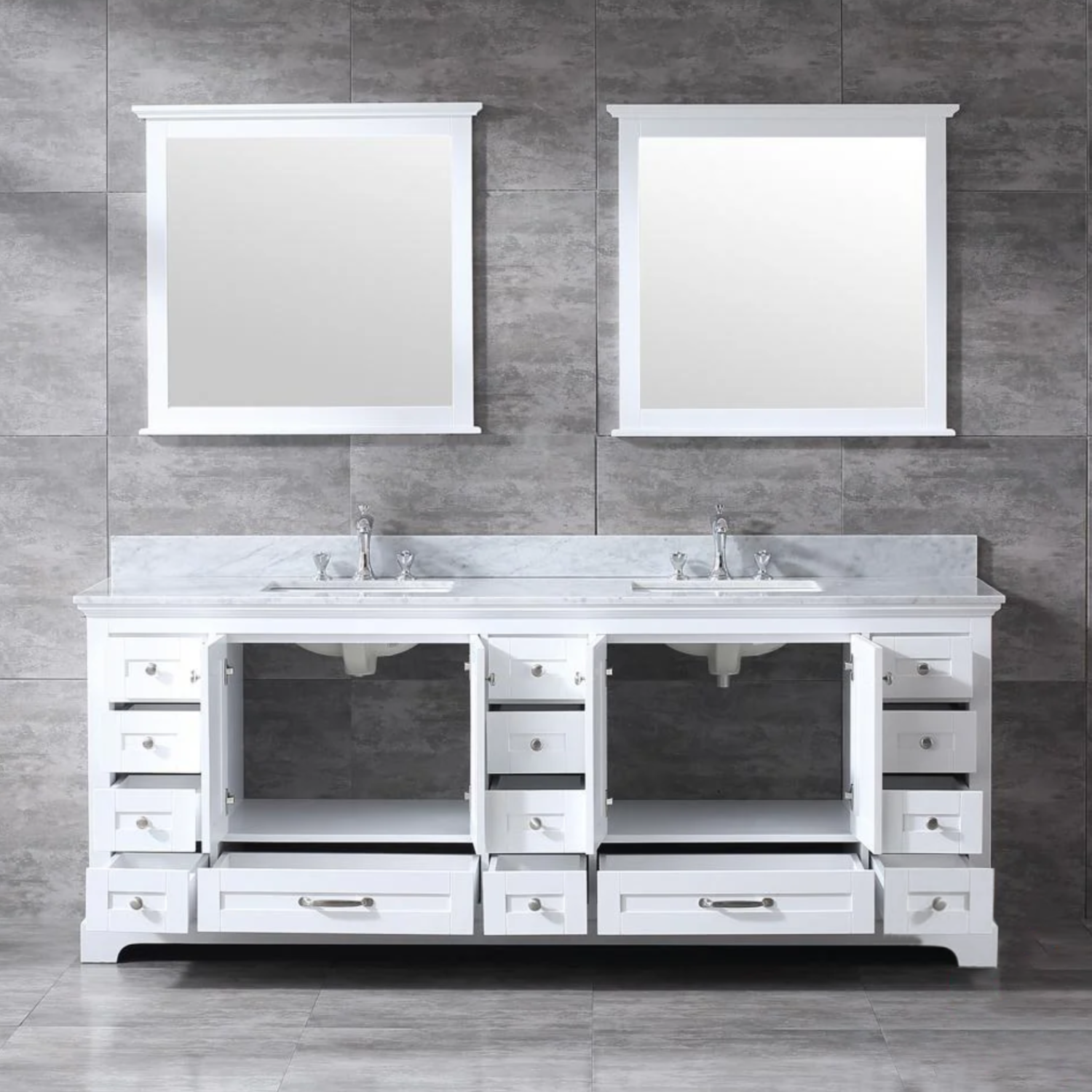 Dukes 84 In. Freestanding White Bathroom Vanity With Double Undermount Ceramic Sink, White Carrara Marble Top & 34 In. Mirrors