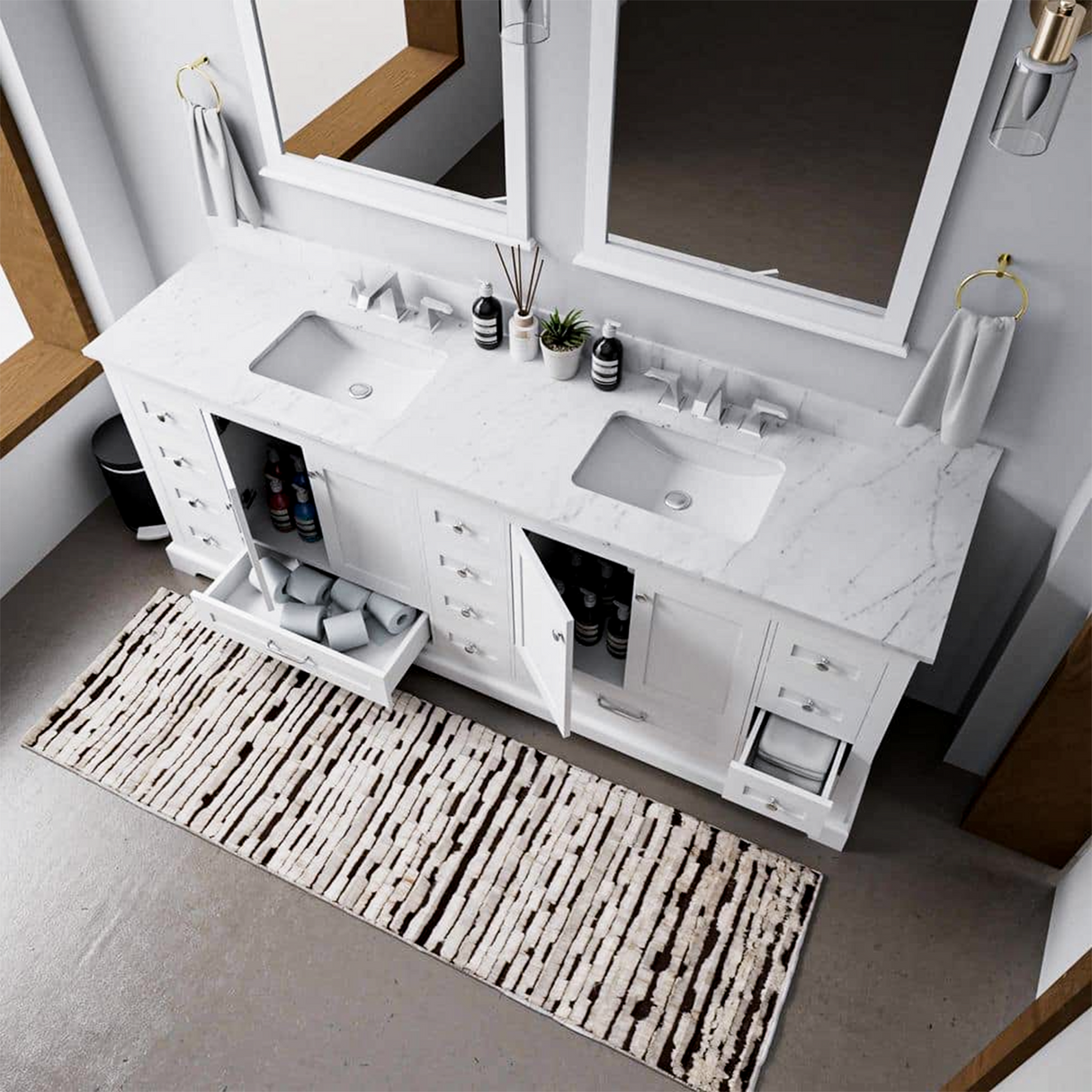 Dukes 84 in. Freestanding Bathroom Vanity with White Quartz Top, White Square Sink