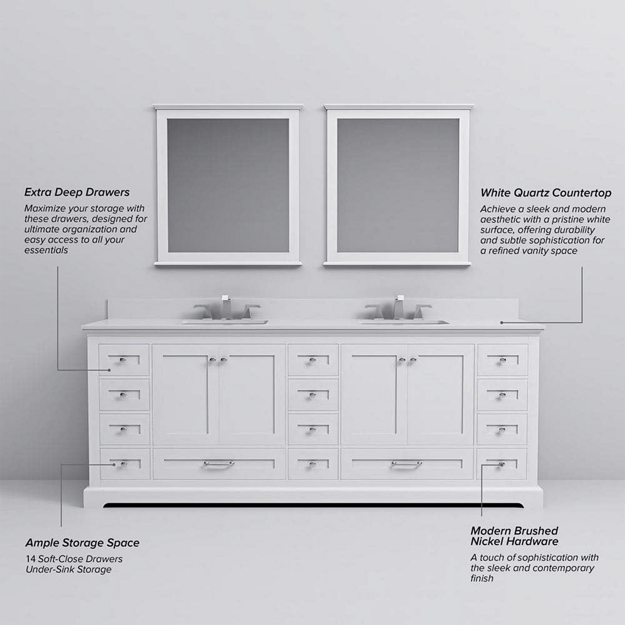 Dukes 84 in. Freestanding Bathroom Vanity with White Quartz Top, White Square Sink