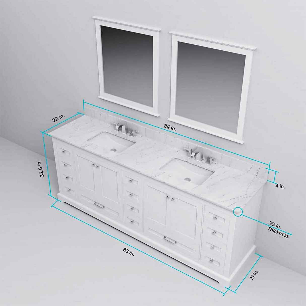 Dukes 84 in. Freestanding Bathroom Vanity with White Quartz Top, White Square Sink