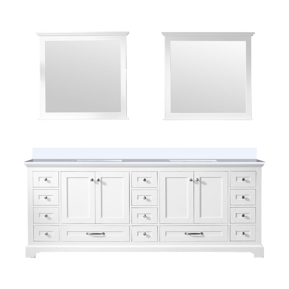 Dukes 84" White Double Vanity, White Quartz Top, White Square Sinks and 34" Mirrors