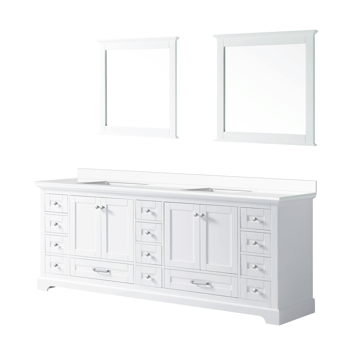 Dukes 84" White Double Vanity, White Quartz Top, White Square Sinks and 34" Mirrors